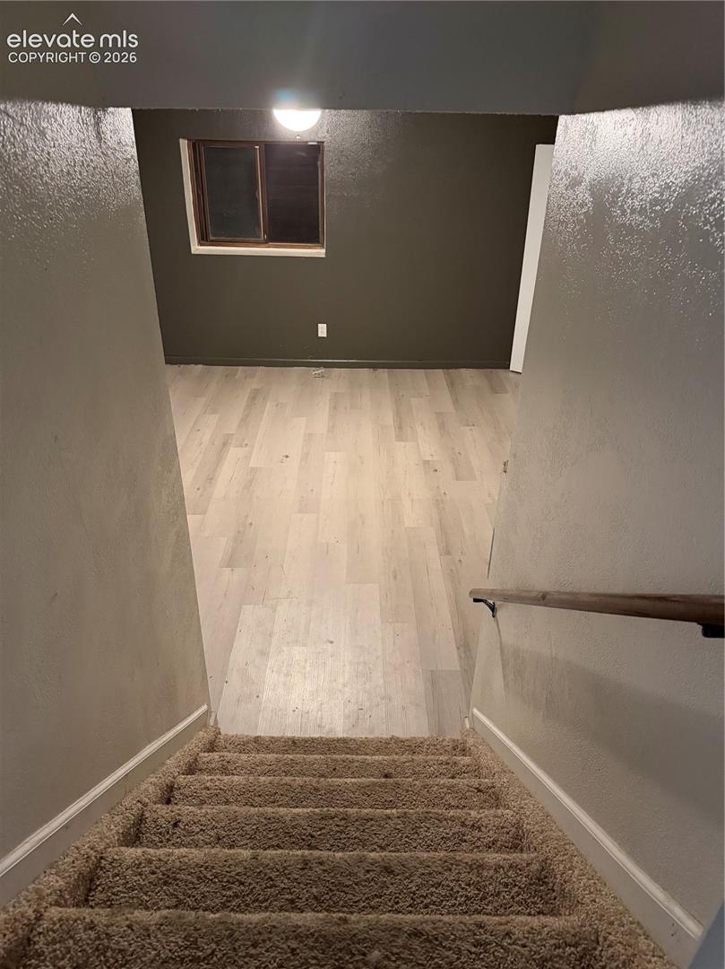 Carpeted staircase with a wood handrail descending to a room with wood-finish flooring, a wall-mounted light fixture, and a single window