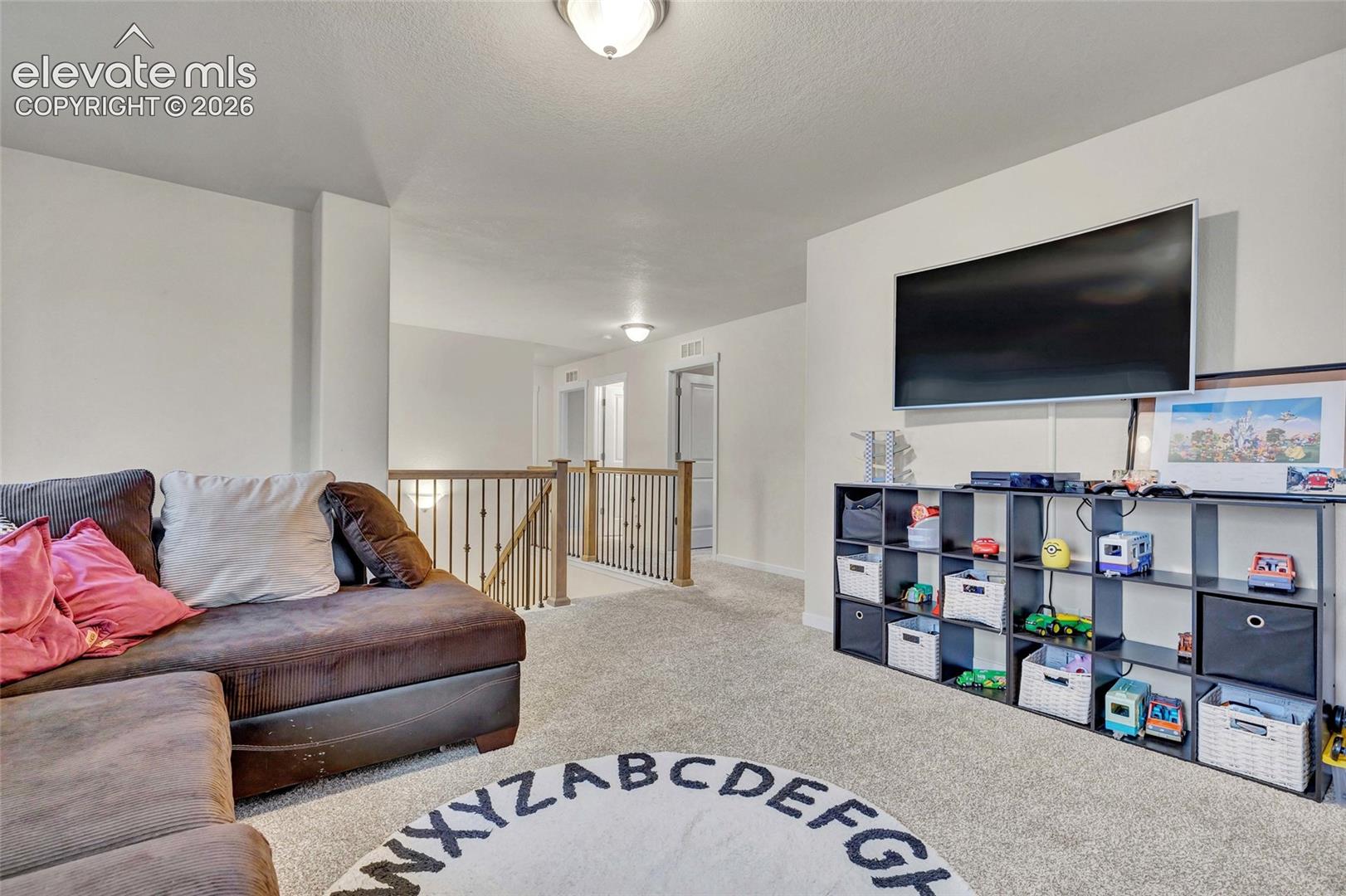Carpeted loft area with a wall-mounted television and built-in shelving unit