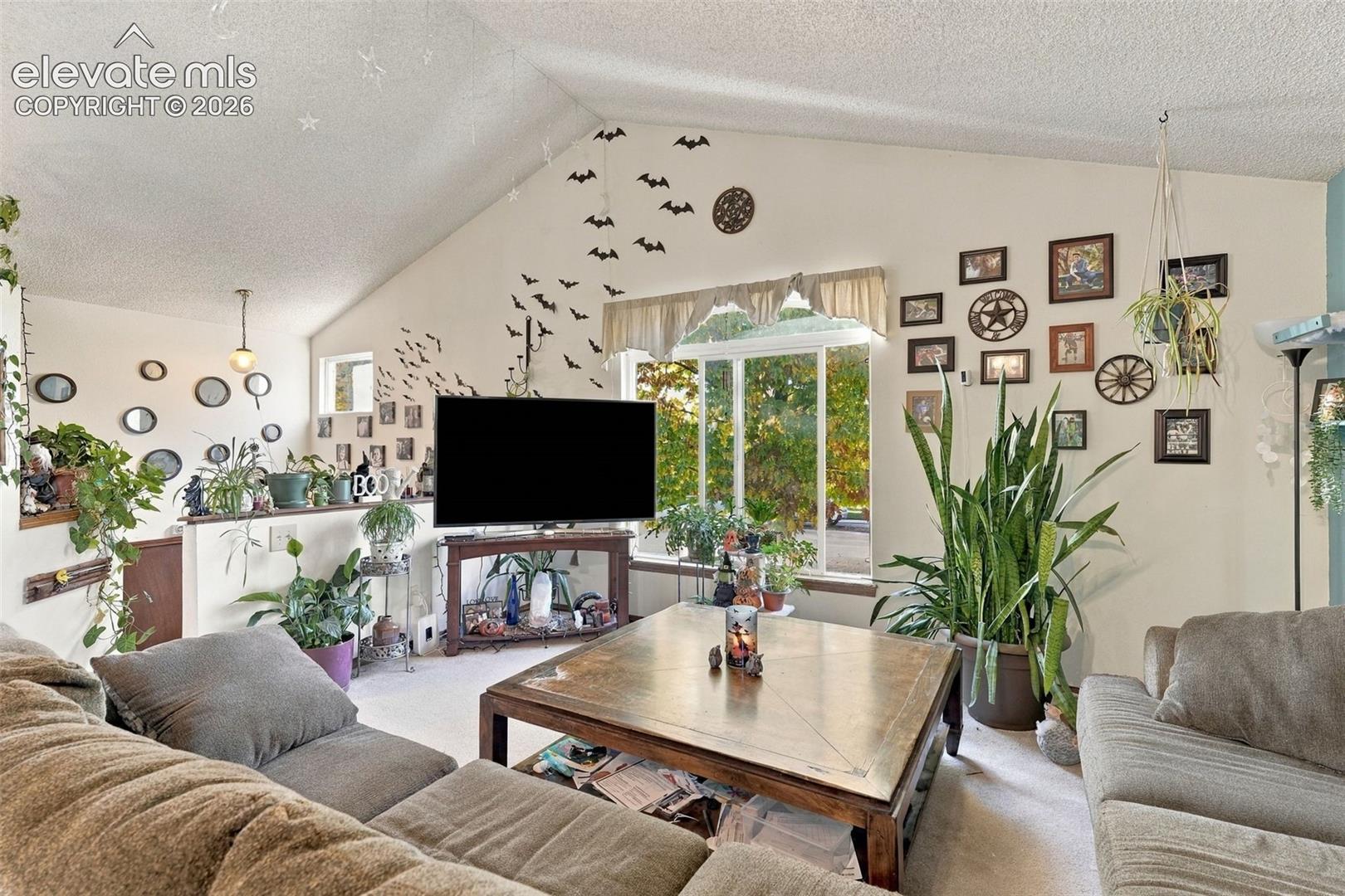 Vaulted ceilings, large picture window with valance, and a low-height partition wall with a flat surface top