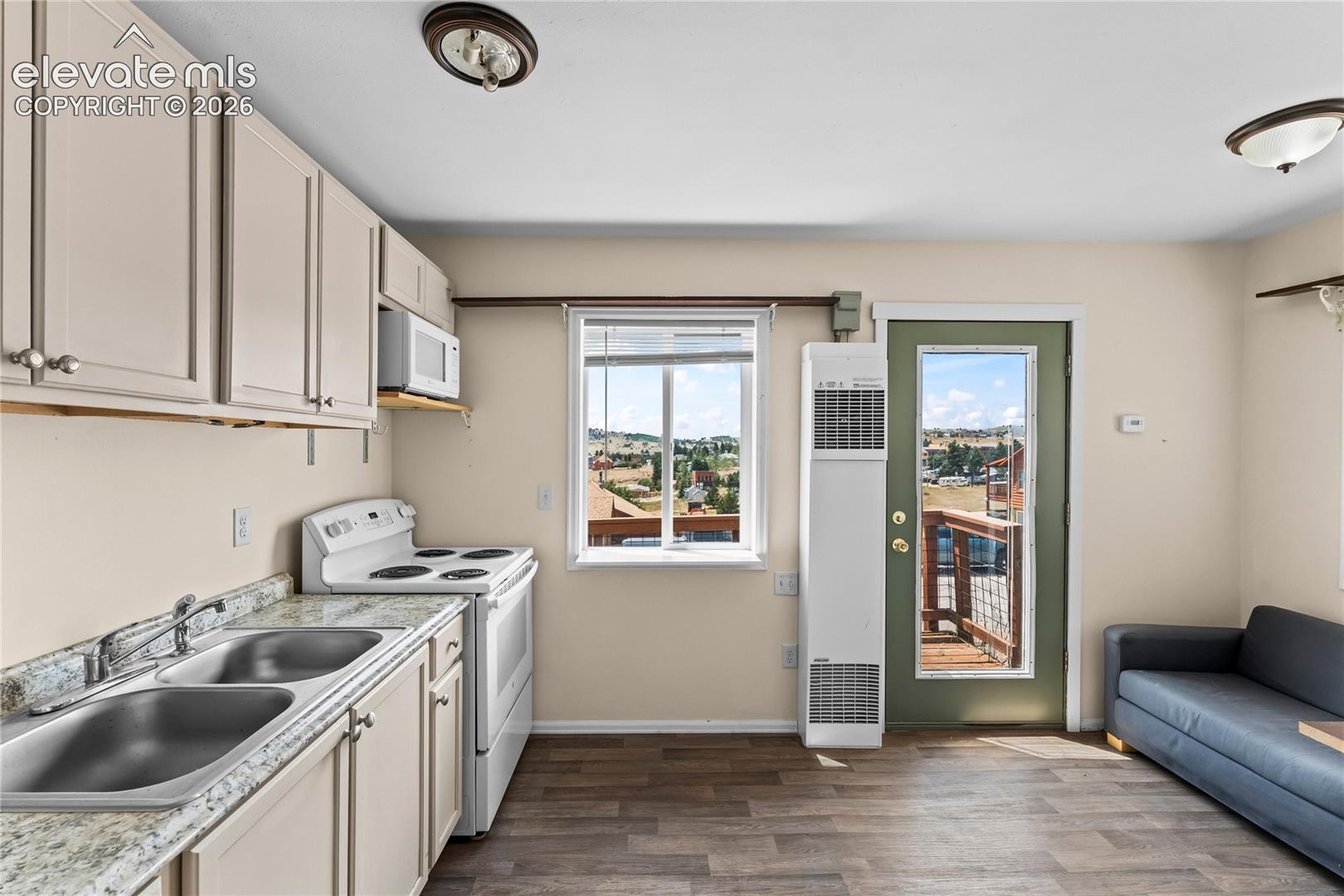 Compact kitchen and living area featuring wood-finish flooring