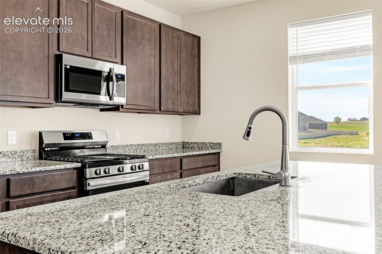 Granite countertops, dark wood-finish cabinetry, stainless steel appliances, and a stainless steel kitchen sink with a gooseneck faucet