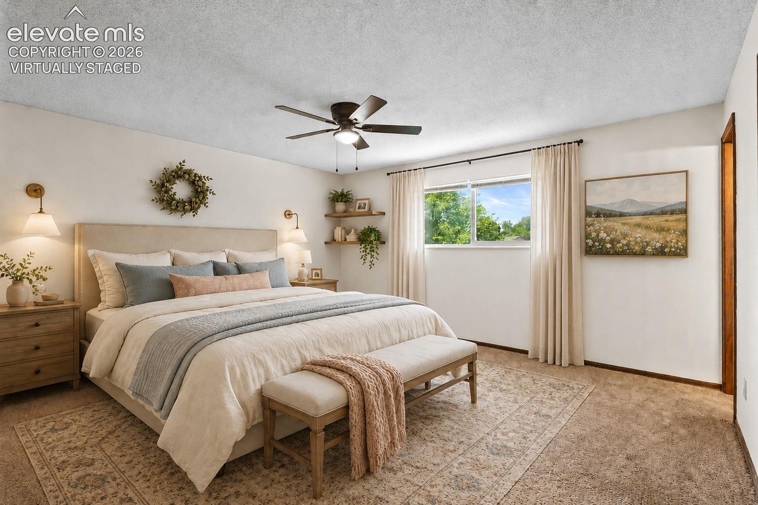 Virtually Staged; Primary Bedroom Suite; Sconces & window dressings not present