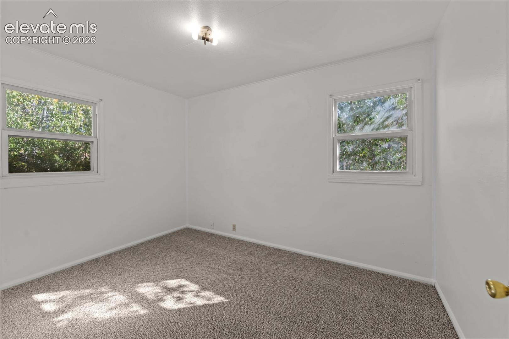 Neutral-toned interior space featuring neutral wall paint, wall-to-wall carpeting, and dual white-framed windows
