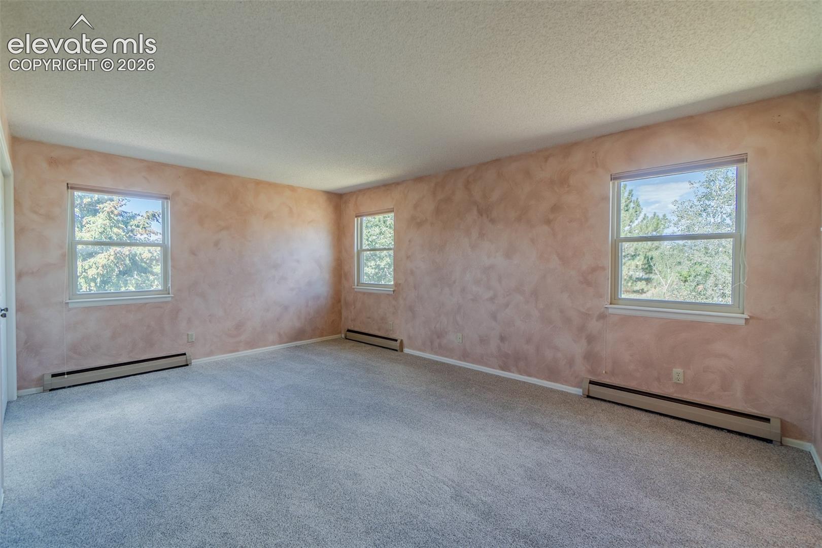 Fourth bedroom upstairs with new carpet and   room featuring textured wall finishes, light-colored carpeting, multiple windows, and baseboard heating units