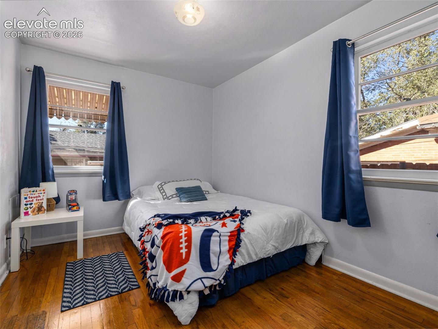 Room featuring wood-finish flooring, two large windows providing natural light, and a central ceiling-mounted light fixture