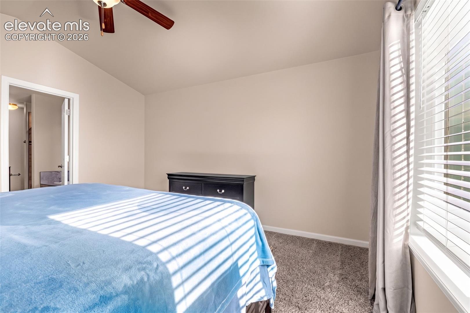 Carpeted room with a ceiling fan, recessed window, and neutral wall tones