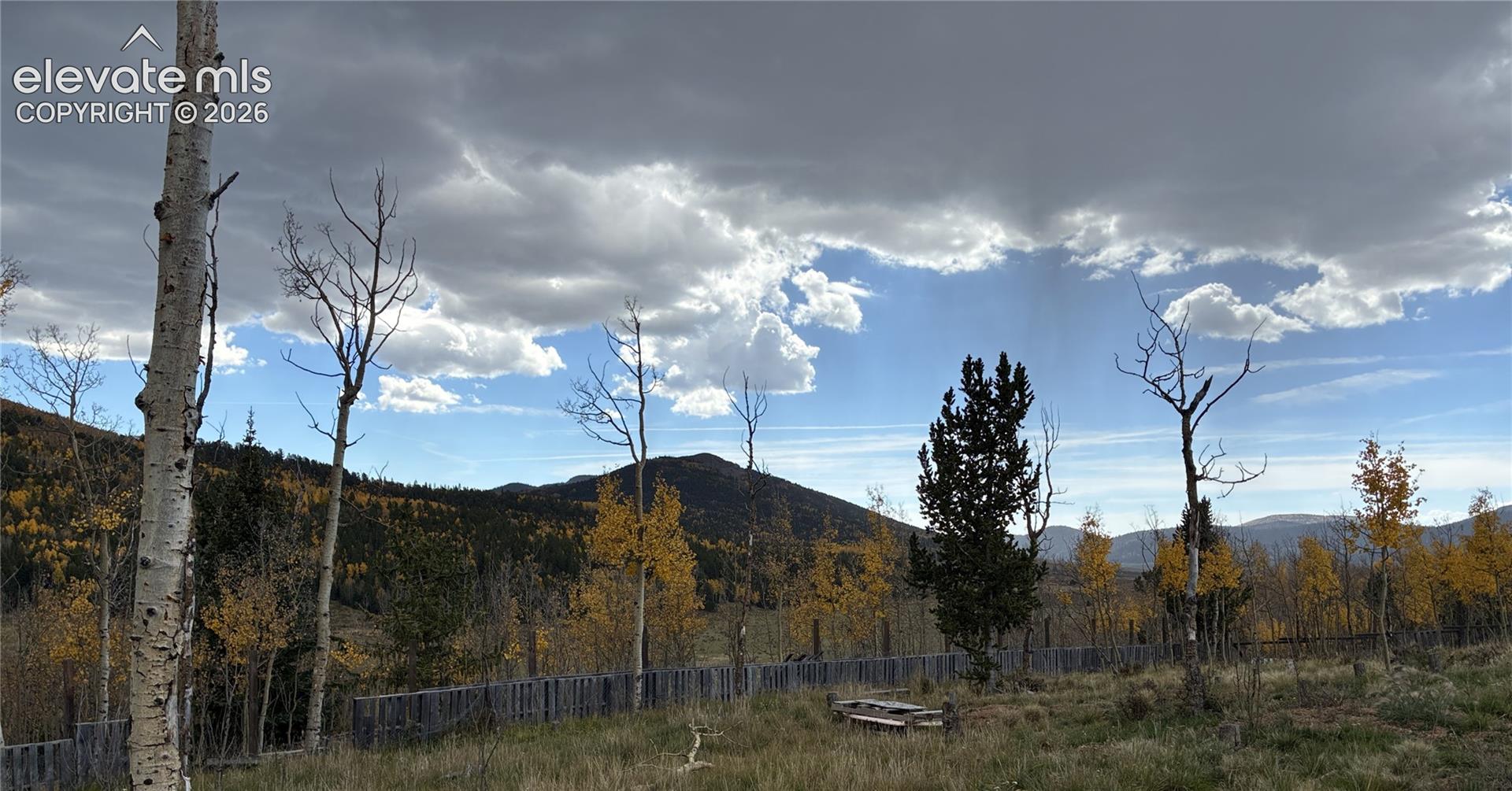 Mountain landscape featuring mature aspen trees, native vegetation, and perimeter wood fencing