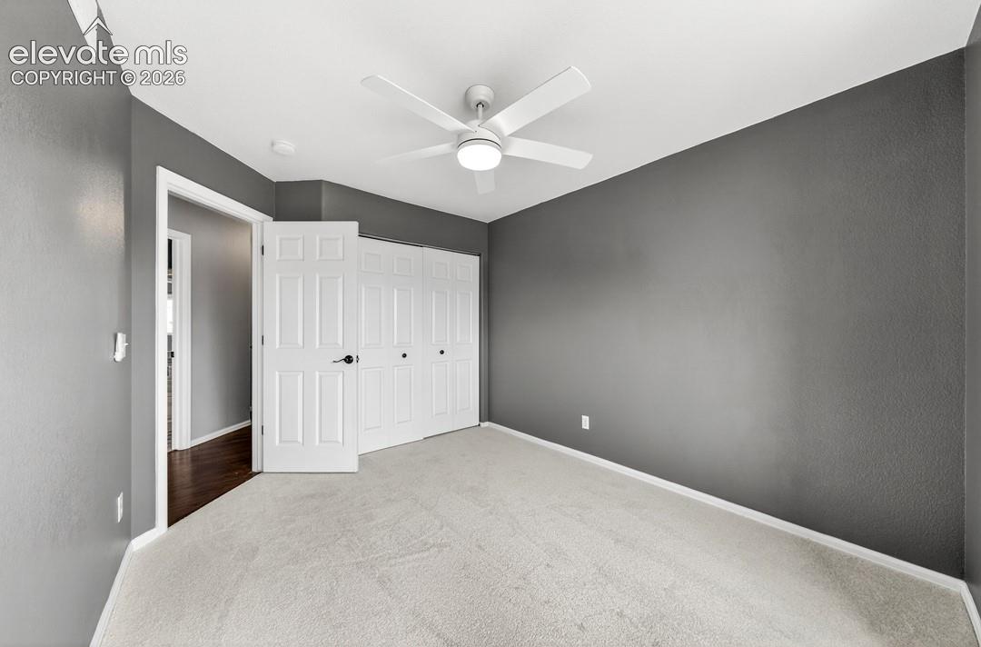 Neutral-toned wall paint, multi-panel doors with matte black hardware, wall-to-wall carpet, and a ceiling fan with integrated lighting