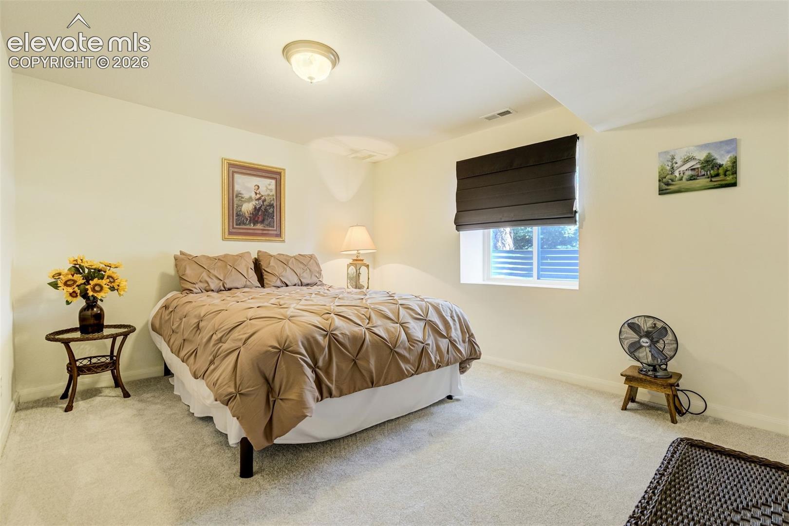 Neutral-toned wall paint, wall-to-wall carpeting, and a recessed window featuring a dark fabric shade