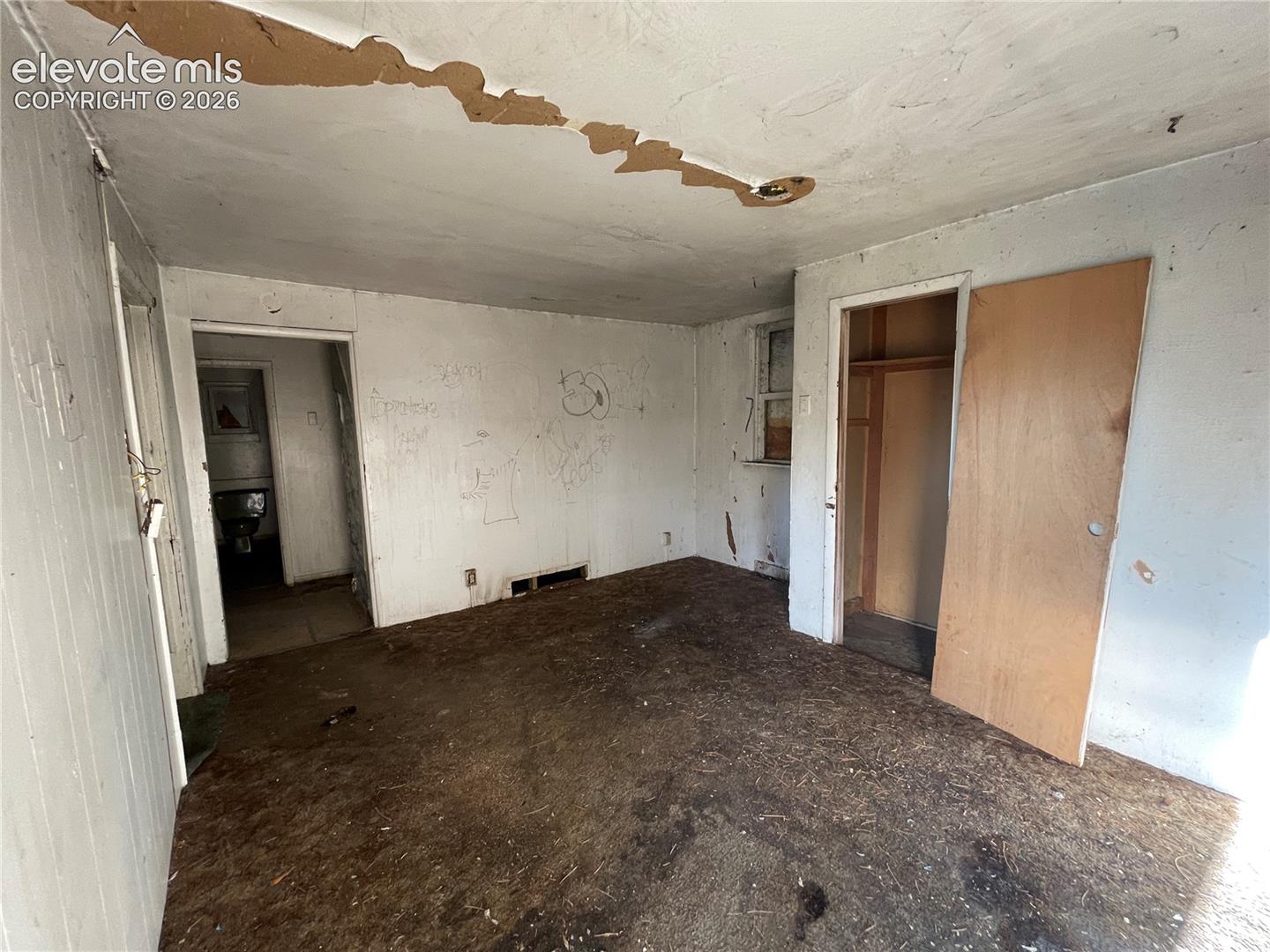 Interior space featuring wood-finish flooring, a built-in closet with a wood-veneer door, and plaster walls