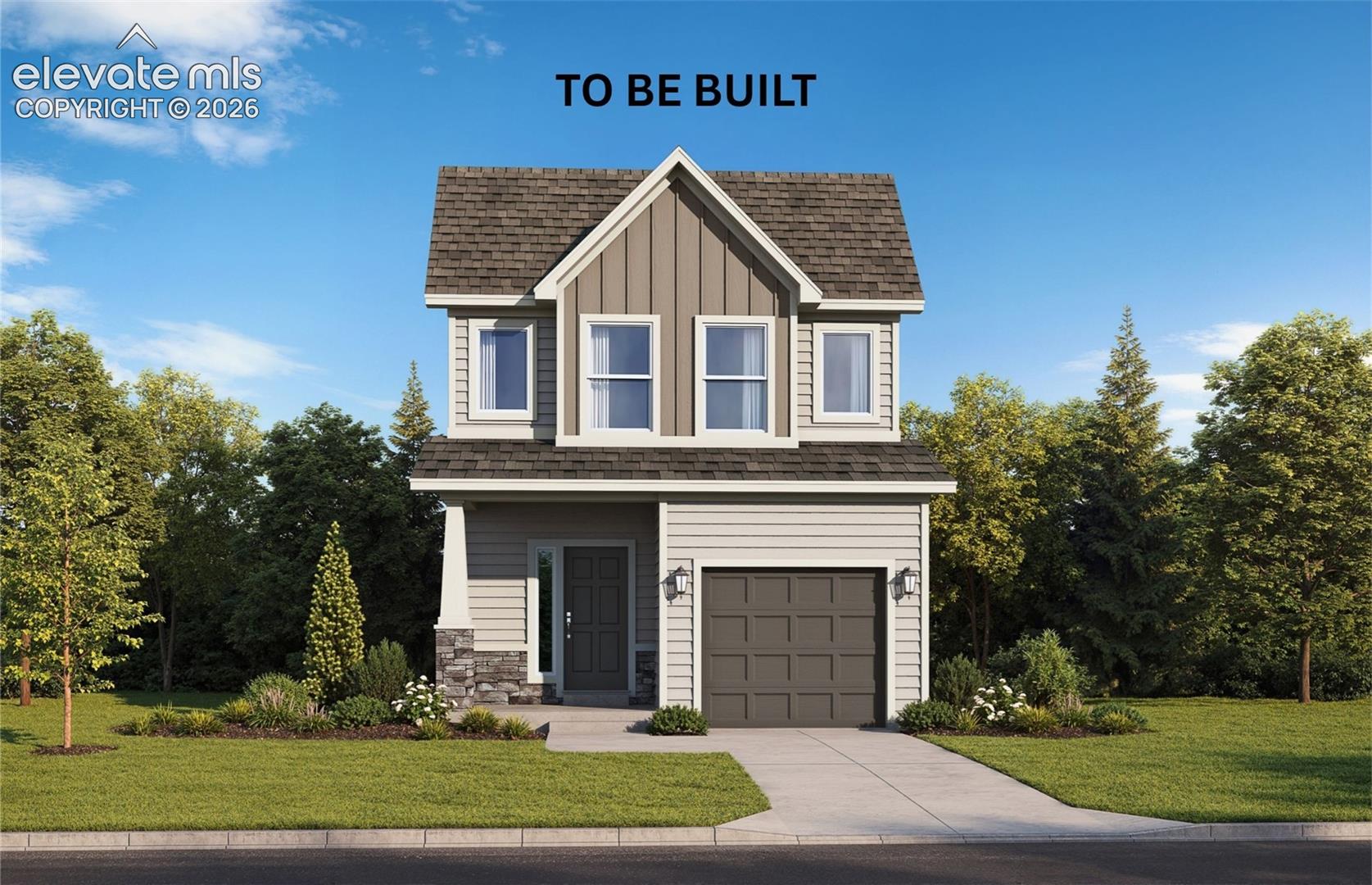 Two-story exterior featuring a mix of horizontal siding and vertical board-and-batten siding, stone-veneer accents, a covered front entryway with a tapered column, and an attached single-car garage
