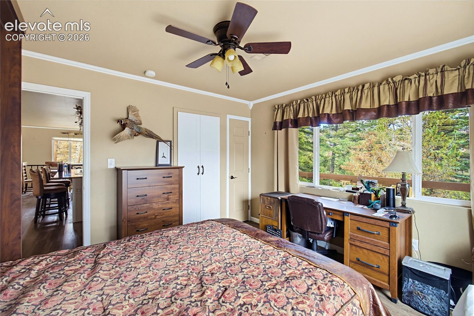 Large picture window, ceiling fan with light fixture, and dual-door closet