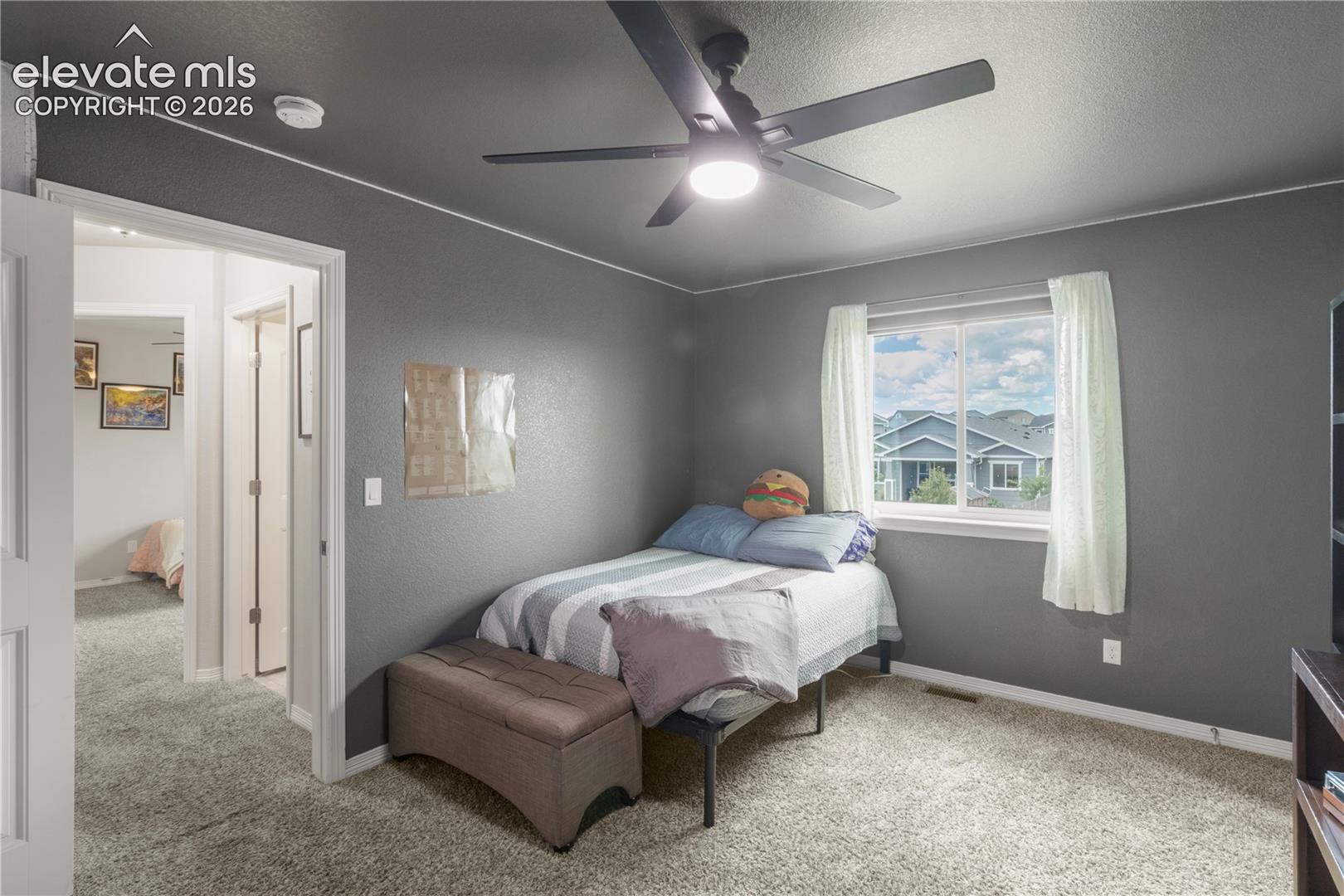 Carpeted room with a ceiling fan, a window, and a white trim