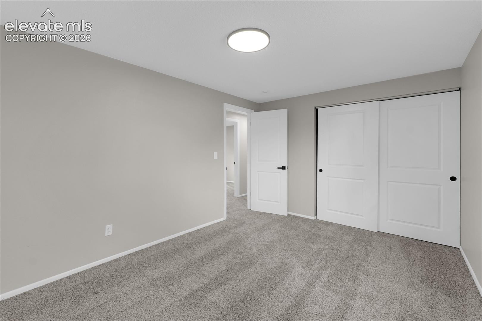 Neutral gray wall paint, gray patterned carpeting, white trim, solid core interior doors, and a flush mount ceiling light fixture