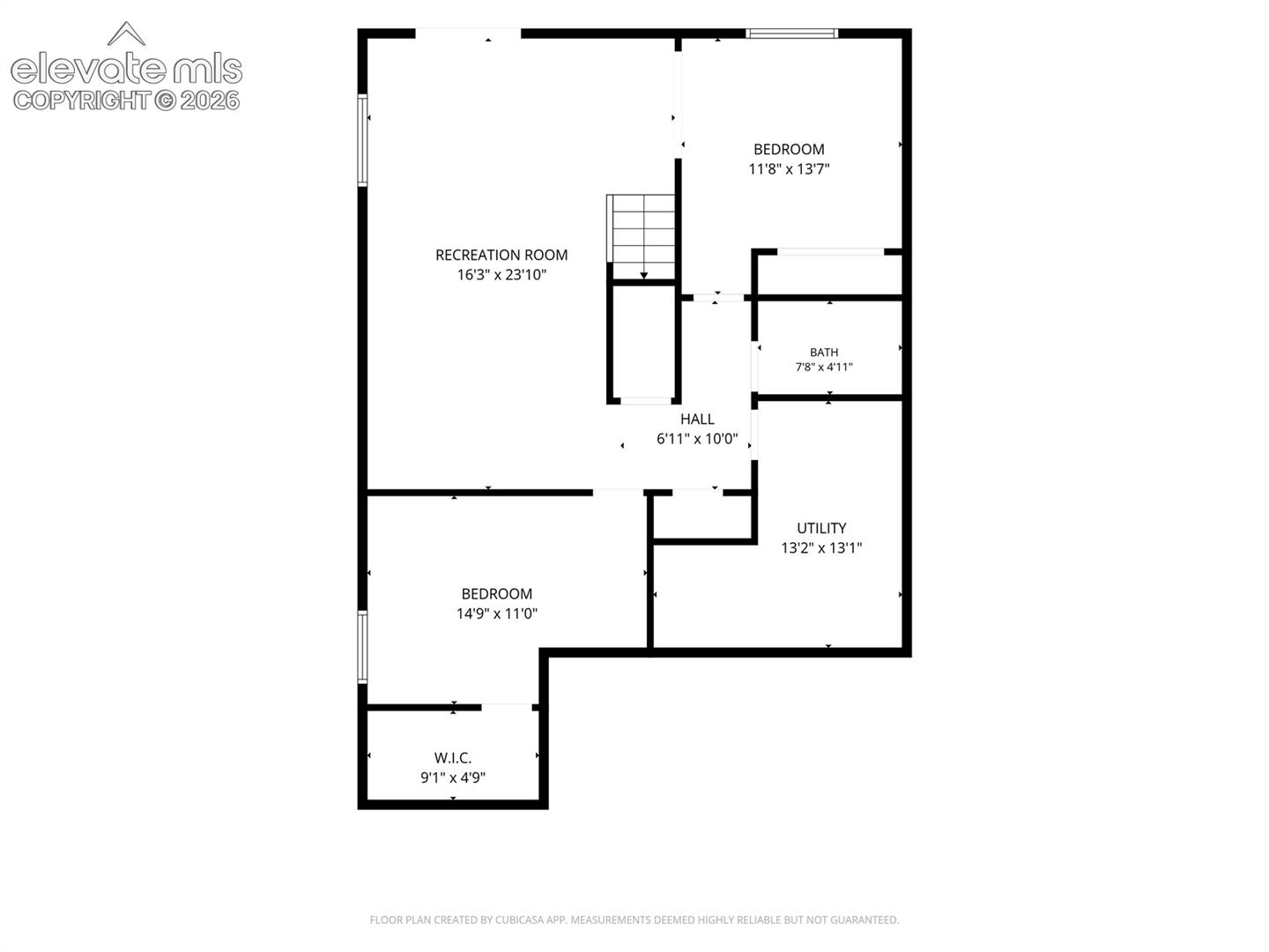 The basement floor plan illustrates the finished lower-level layout with recreation space, two bedrooms, a full bathroom, and utility area.