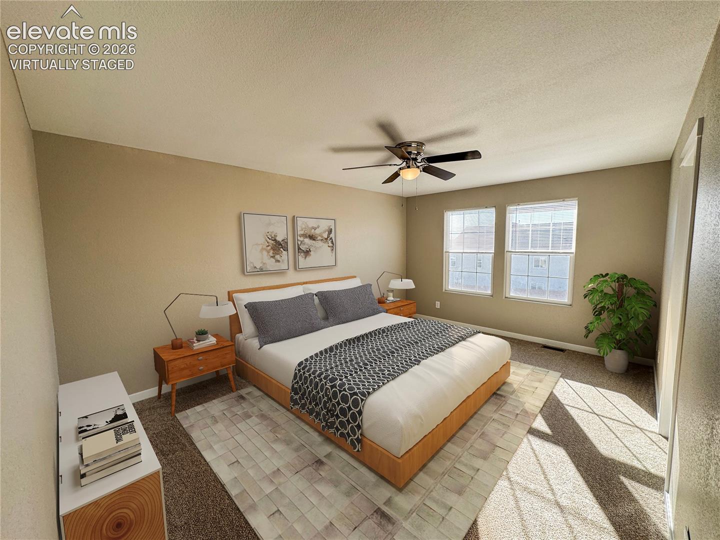 virtually staged Neutral-toned bedroom featuring carpeted flooring, dual windows, and a ceiling fan with integrated lighting