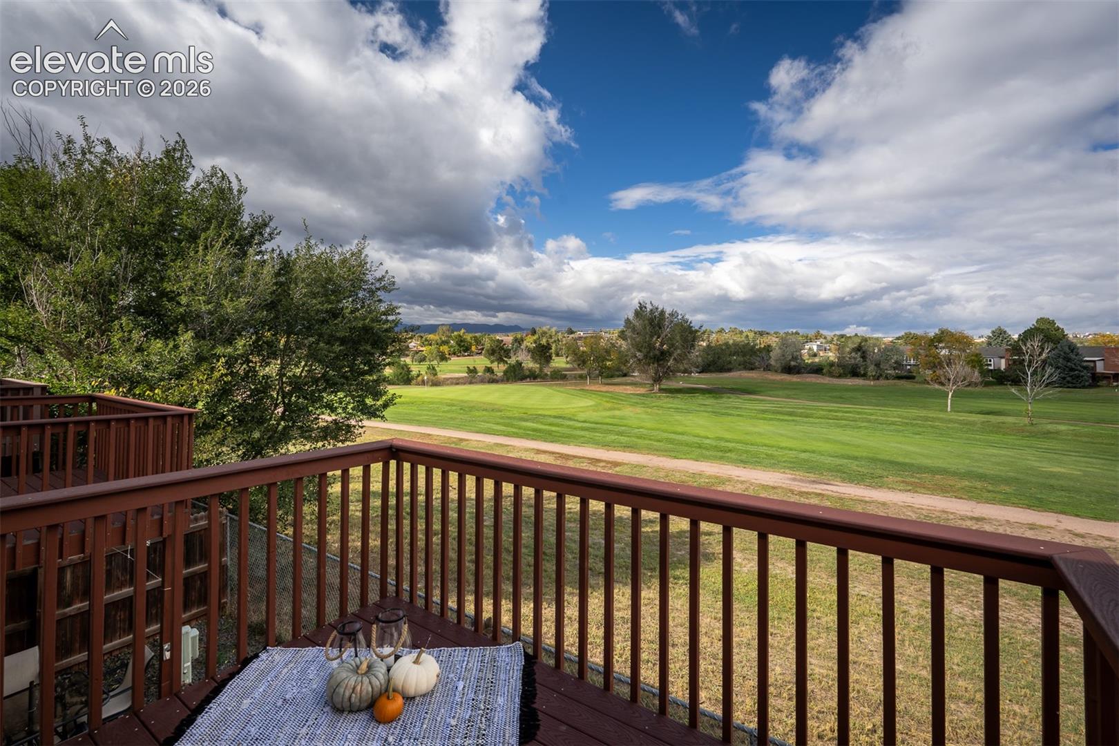Elevated exterior deck featuring wood-finish balustrades and flooring overlooking expansive green space