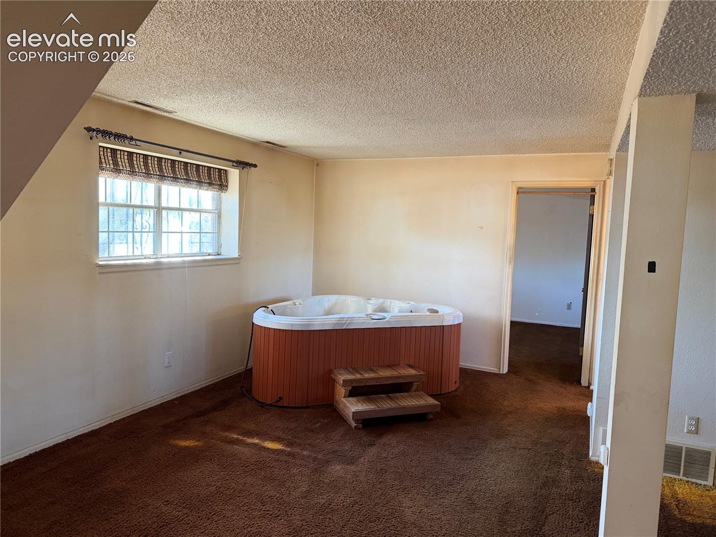Built-in corner jetted tub with wood-finish exterior paneling and removable tiered steps, set against a window with a pleated shade and carpeted flooring