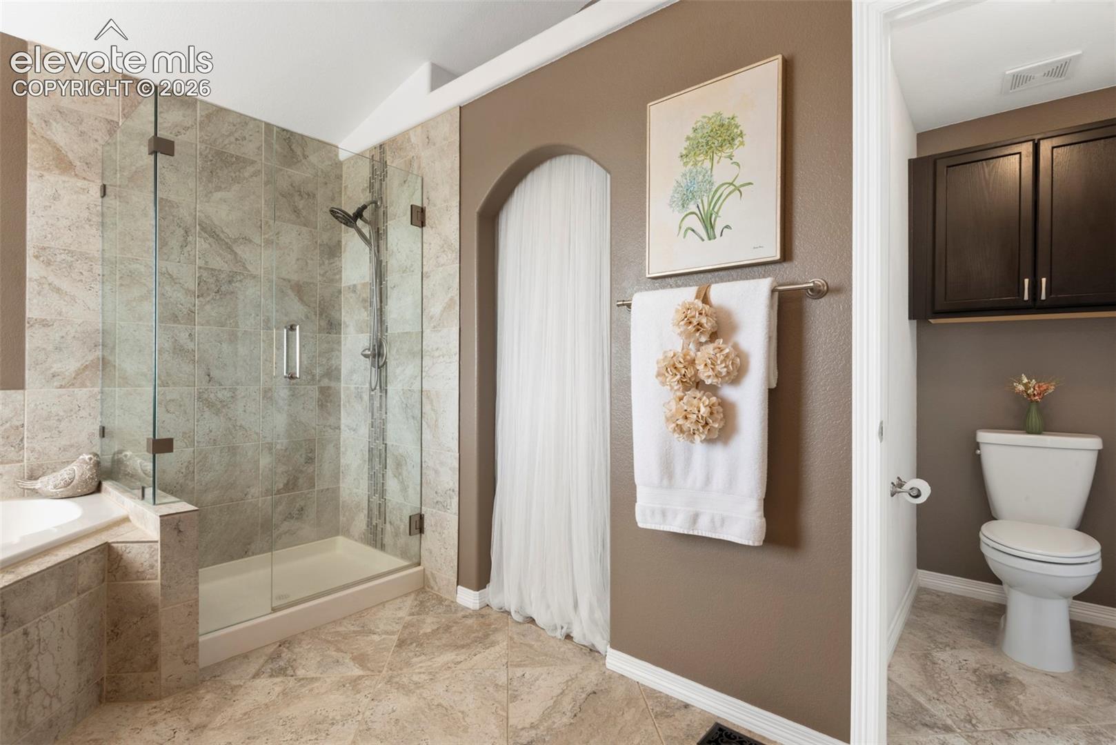 Beautiful Walk-in shower with Stone-finish Tile Surround and Glass Enclosure, Vaulted Ceiling, Arched Closet 

Doorway, Private Toilet Area