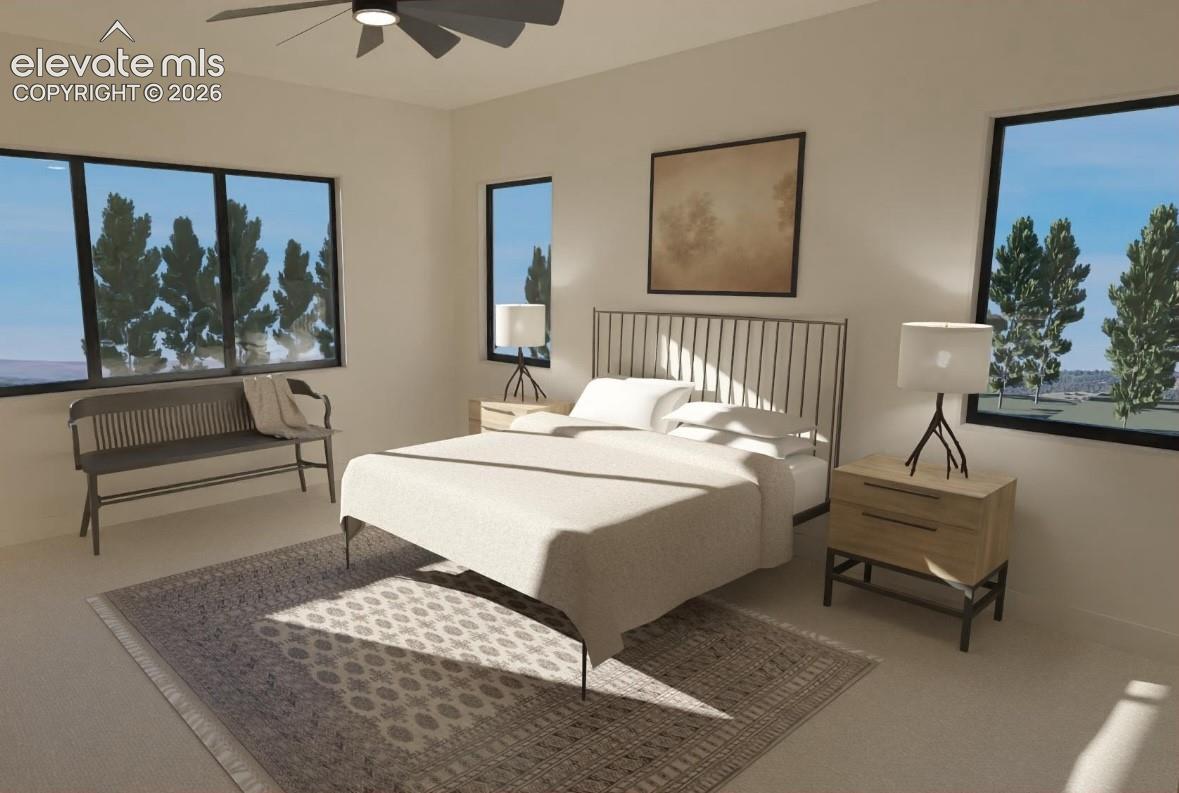 Recessed lighting, ceiling fan, and multiple windows with dark frames