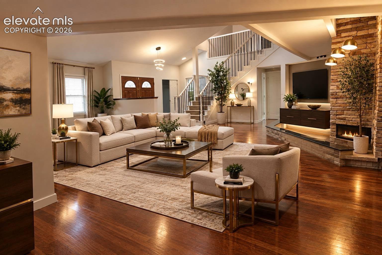 Open-concept interior featuring wood-finish flooring, a floor-to-ceiling stone fireplace, a raised stone hearth, and a staircase with white balusters virtualy staged 