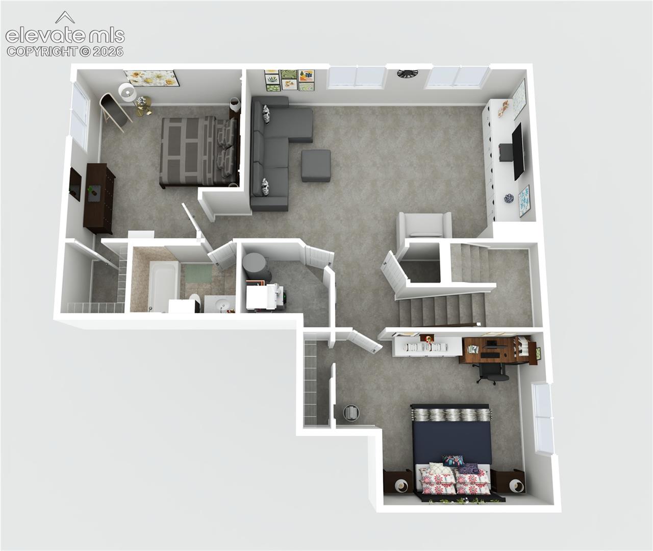 3-D rendering of the basement floorplan.