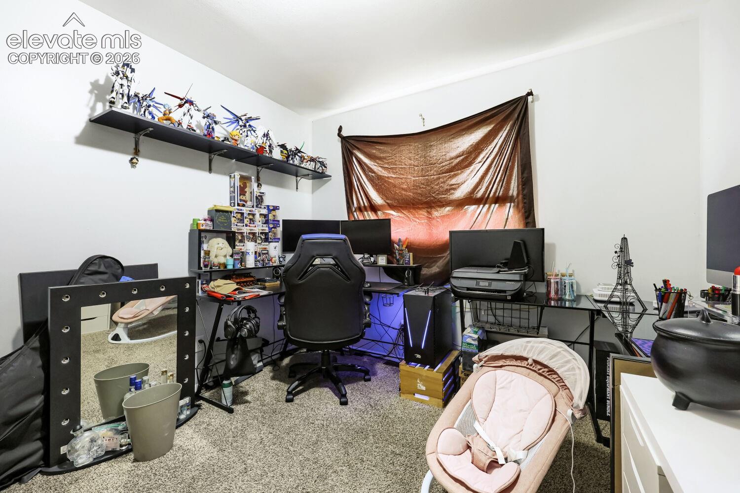 Recessed lighting, wall-mounted shelving, and carpeted flooring
