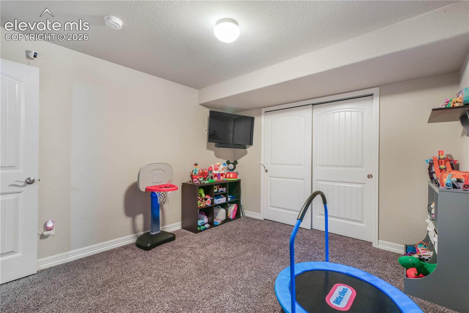 Carpeted room featuring a white door, white sliding closet doors, and a ceiling-mounted light fixture