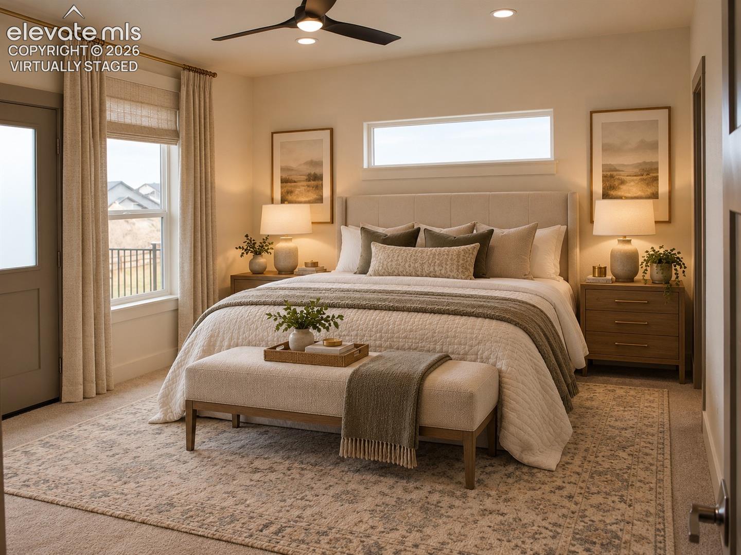 Virtually staged Recessed ceiling lighting, ceiling fan, transom window, and a door with an exterior balcony
