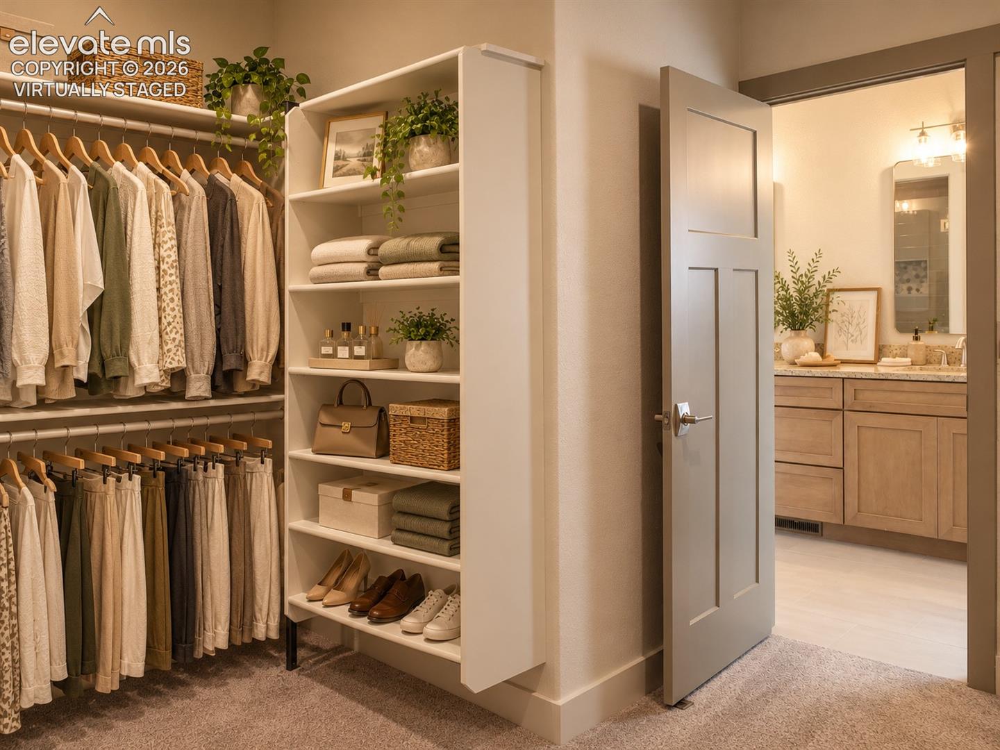 Virtually staged Expansive walk-in closet with carpet flooring, built-in shelving, and hanging rods