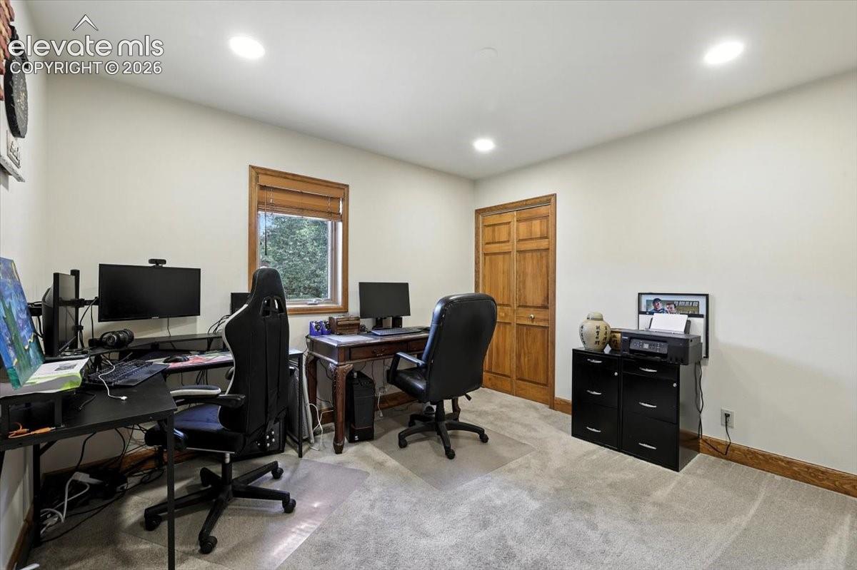 Neutral interior featuring recessed lighting, carpeting, natural wood-finish trim, a single-hung window with wood-finish casing, and a wood-finish double-door closet