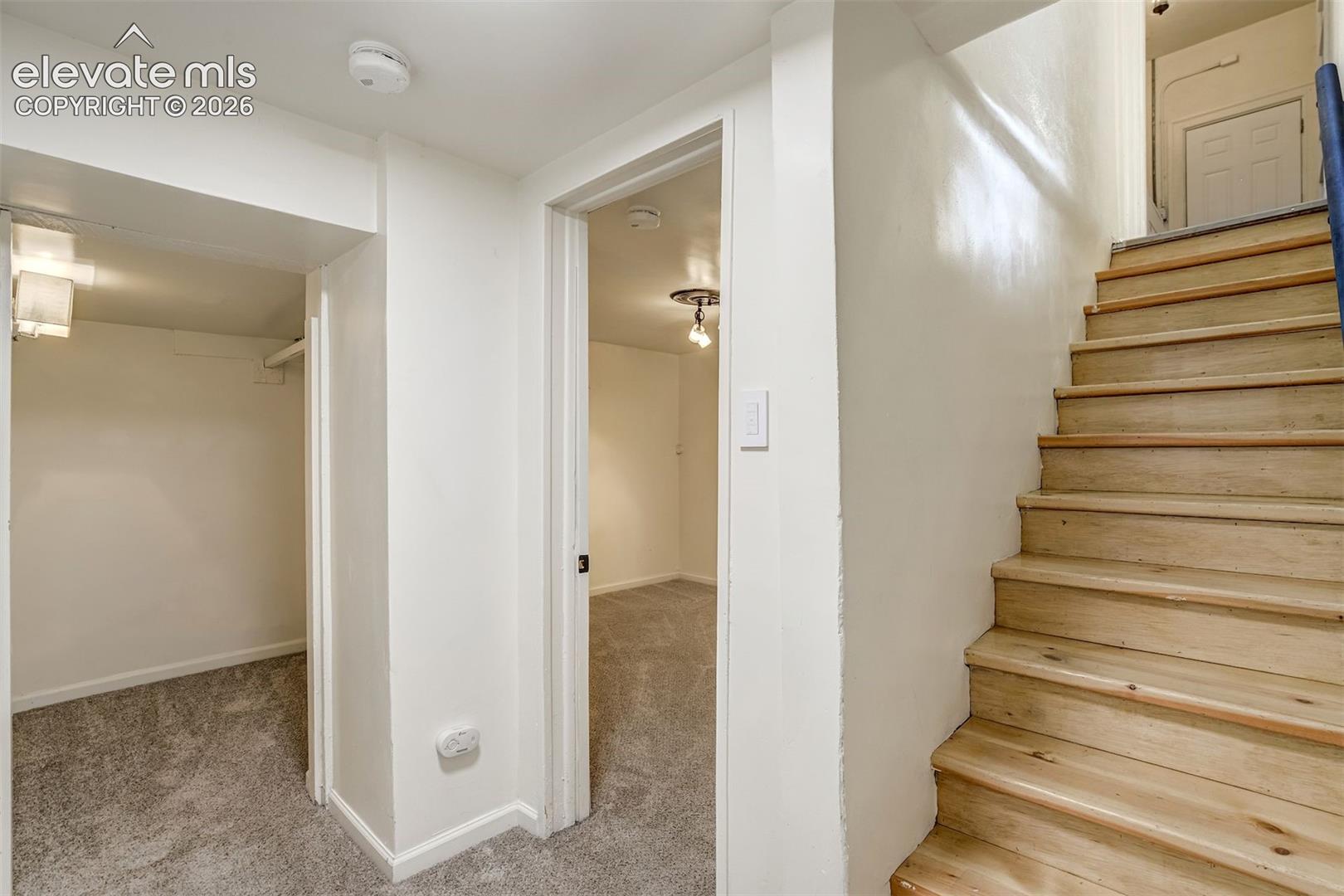 Natural wood staircase with flush-mount lighting, carpeted flooring, and built-in closet storage