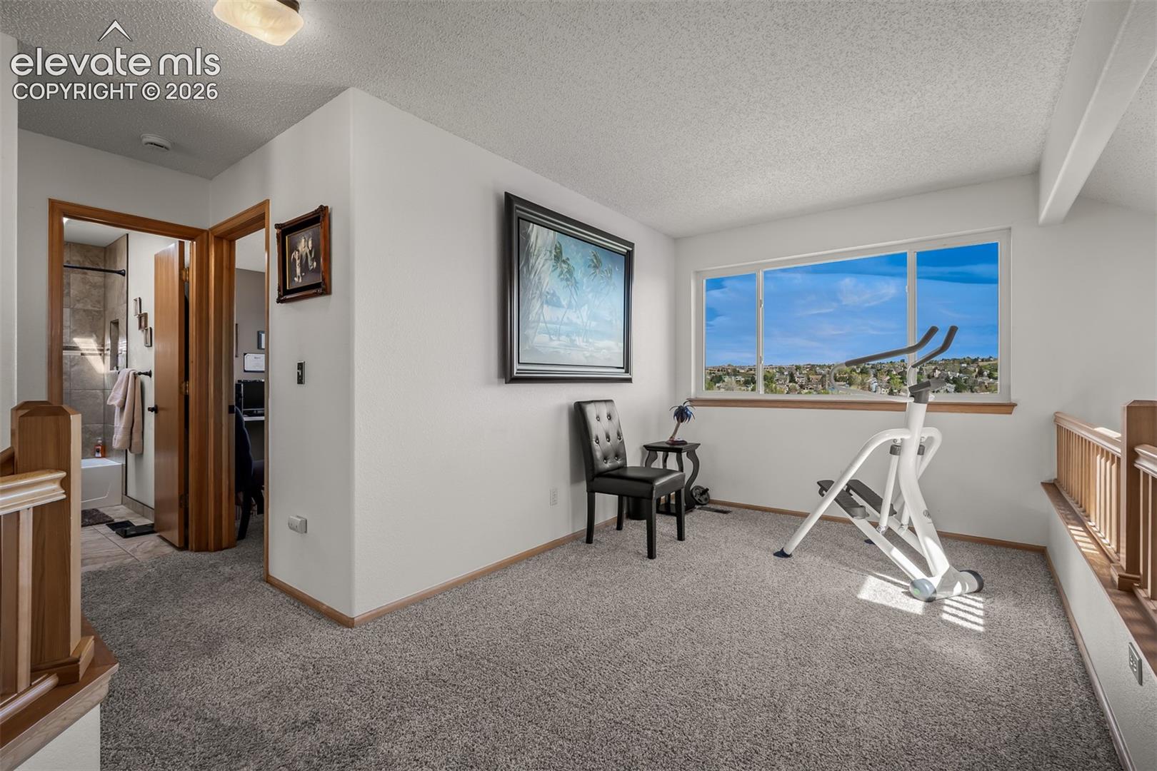 Loft featuring neutral carpeting and a wide, UV filtered window.