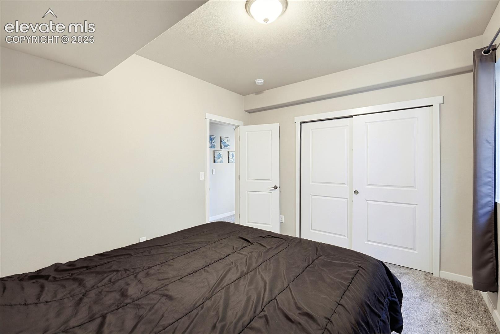 Interior space featuring neutral wall paint, wall-to-wall carpeting, and a double-door closet with white panel doors