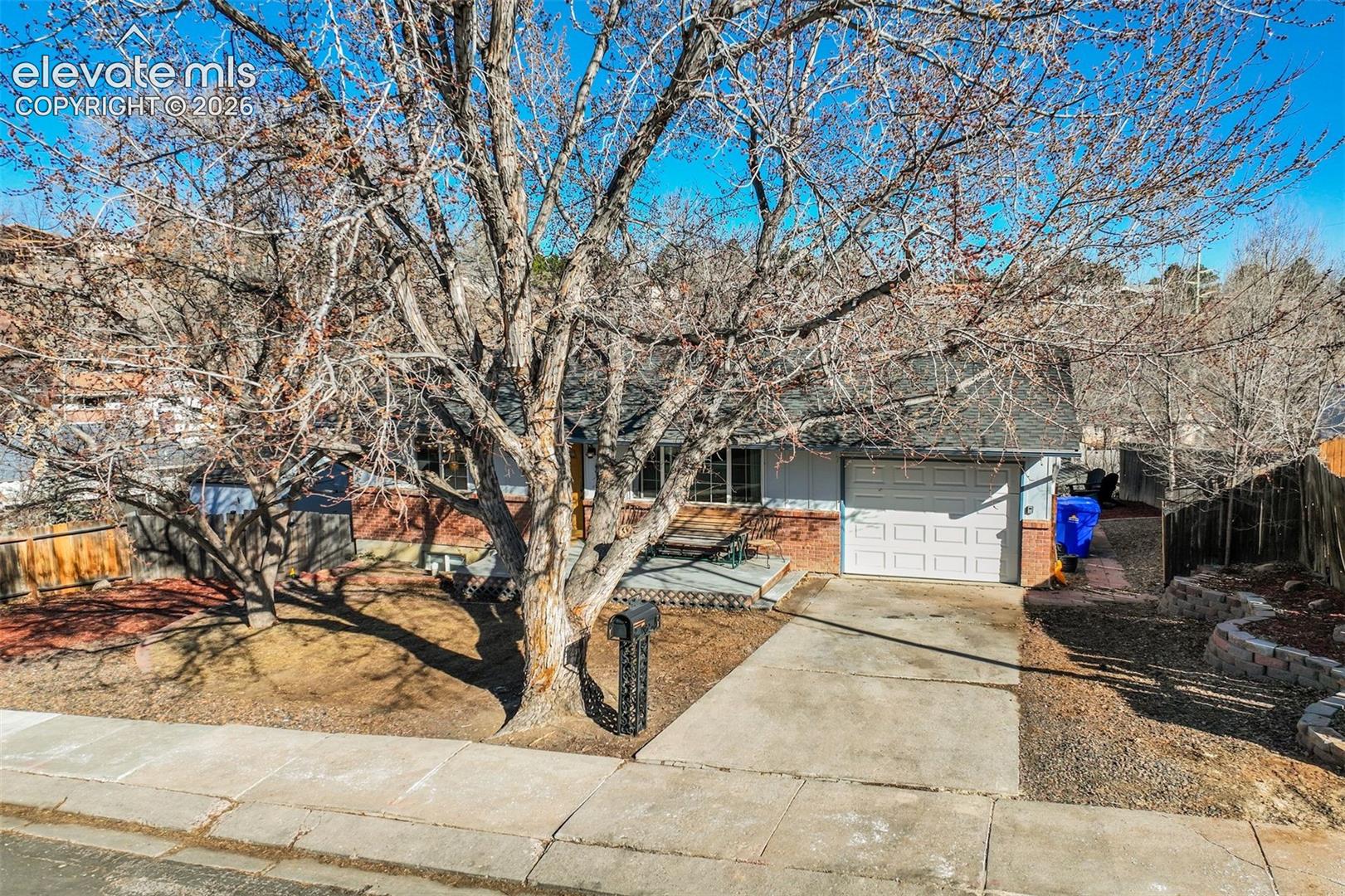 Concrete driveway, attached garage, brick facade, front yard, established tree