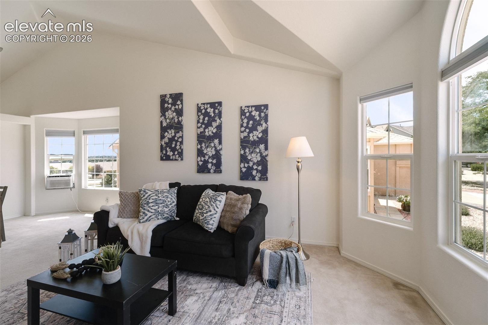 Vaulted ceilings with architectural detail, multiple large windows, and a carpeted floor