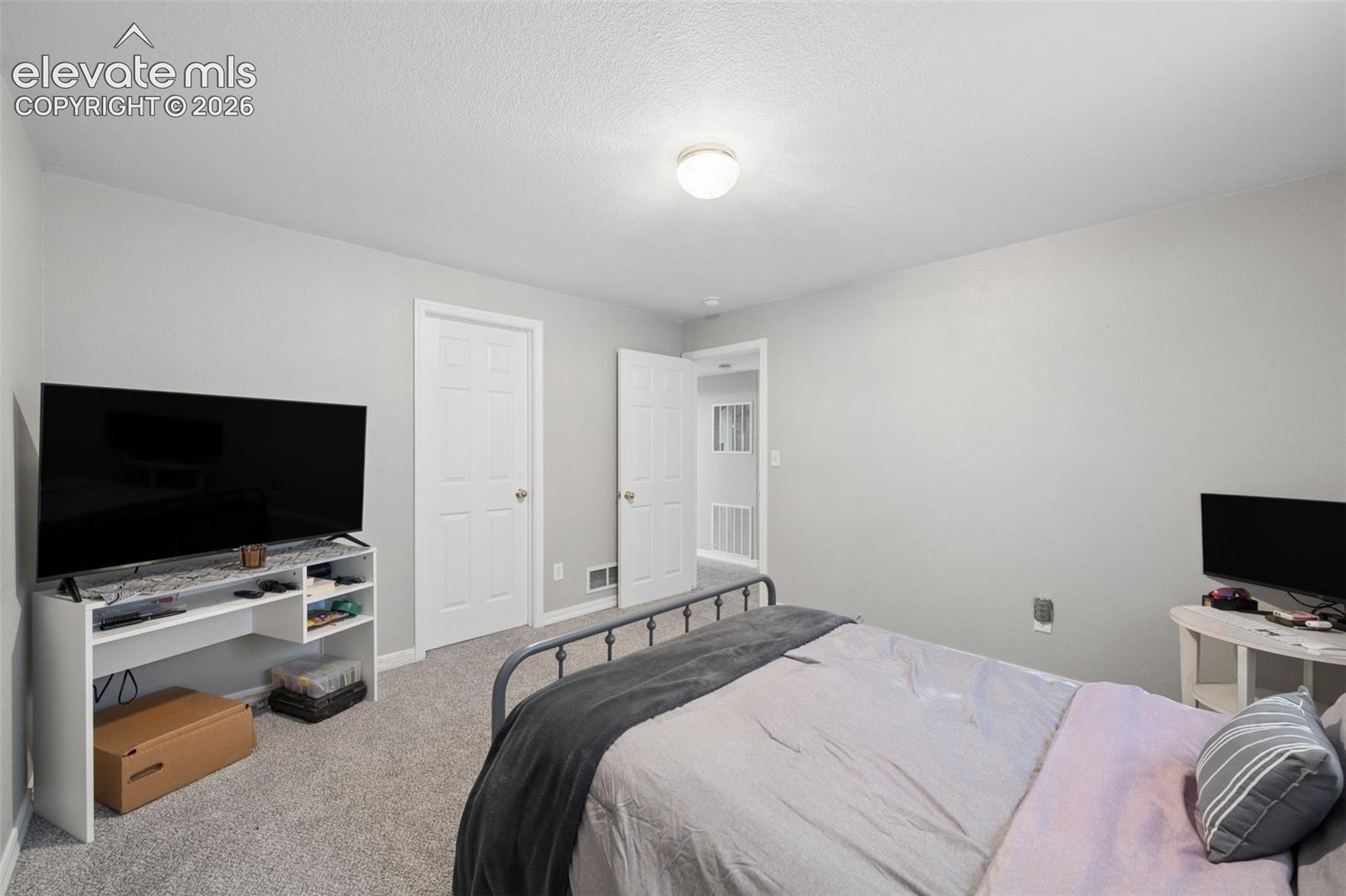 Neutral wall palette with two-panel interior doors, plush carpeting, and a central flush-mount ceiling light fixture
