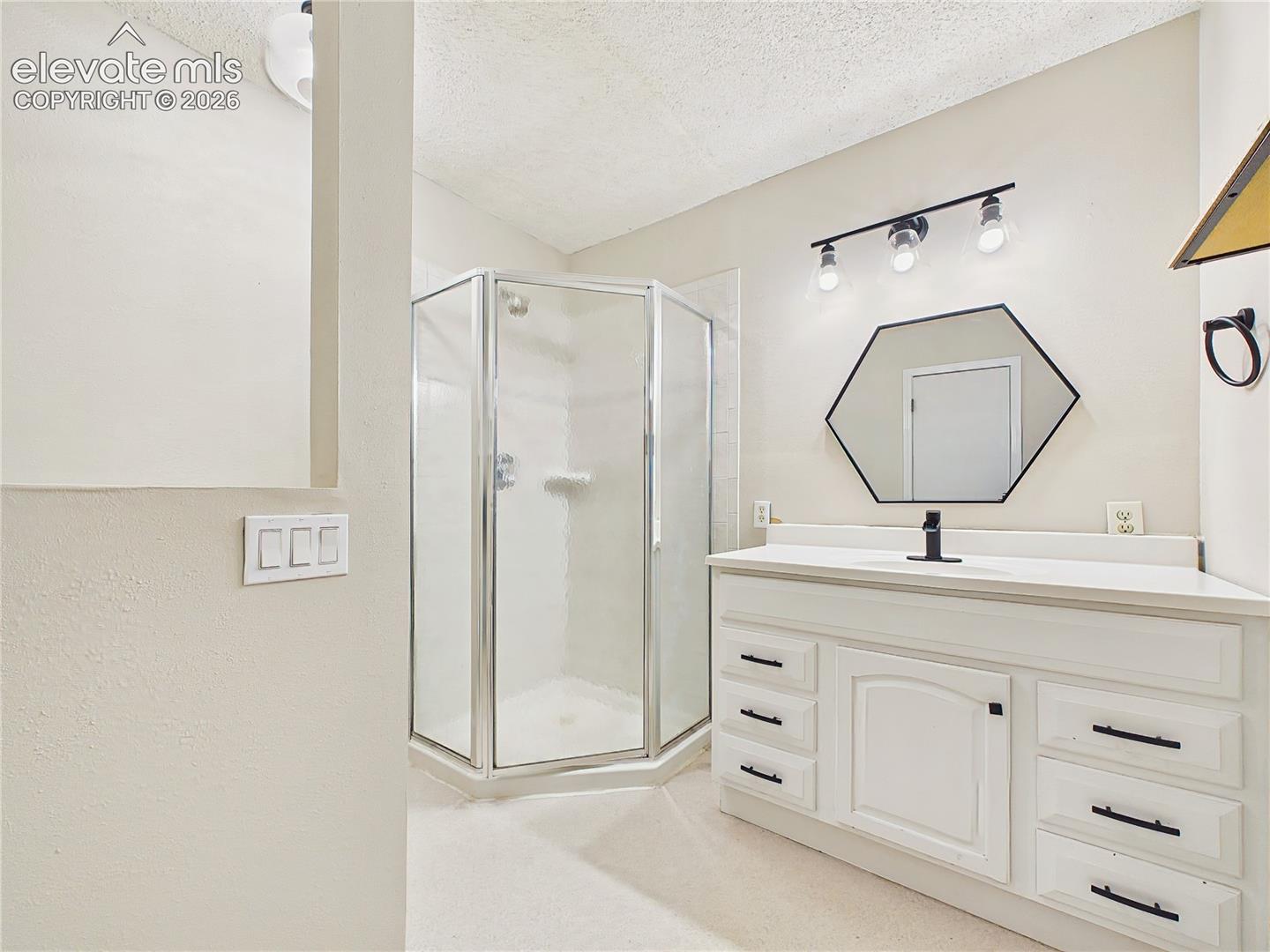 Updated primary bathroom featuring a modern vanity, stylish lighting, and a walk-in shower for everyday convenience.