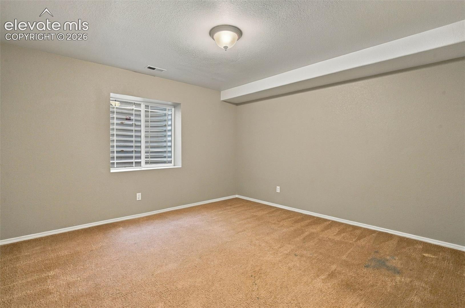 Carpeted room with a single window featuring horizontal blinds and a flush-mount ceiling light fixture