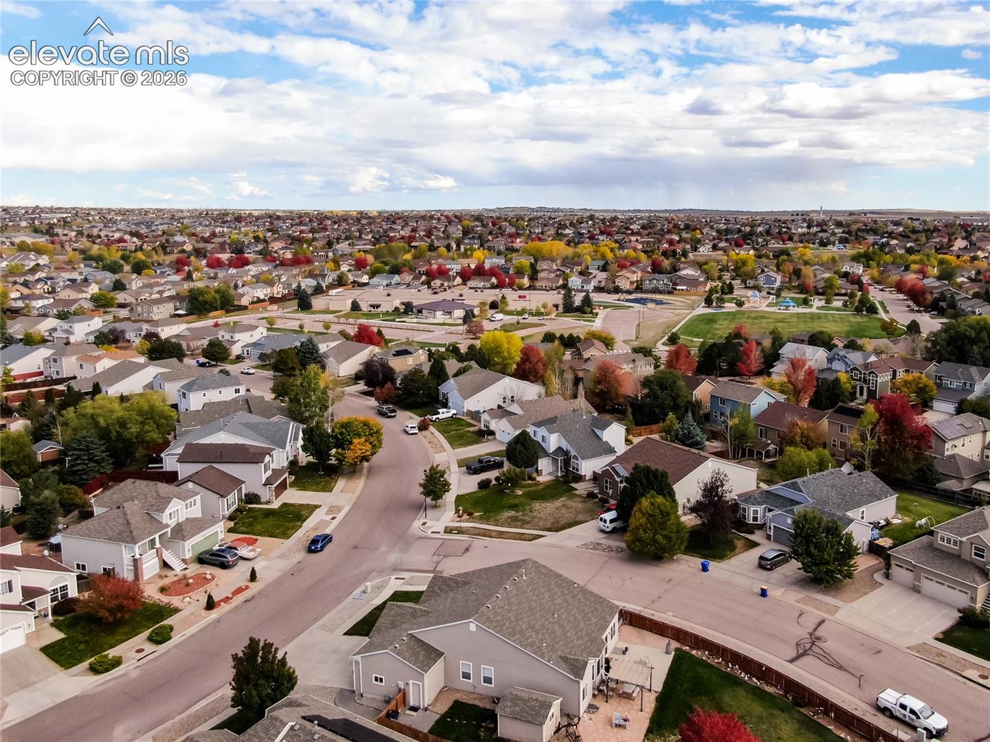 Aerial perspective of neighborhood looking east