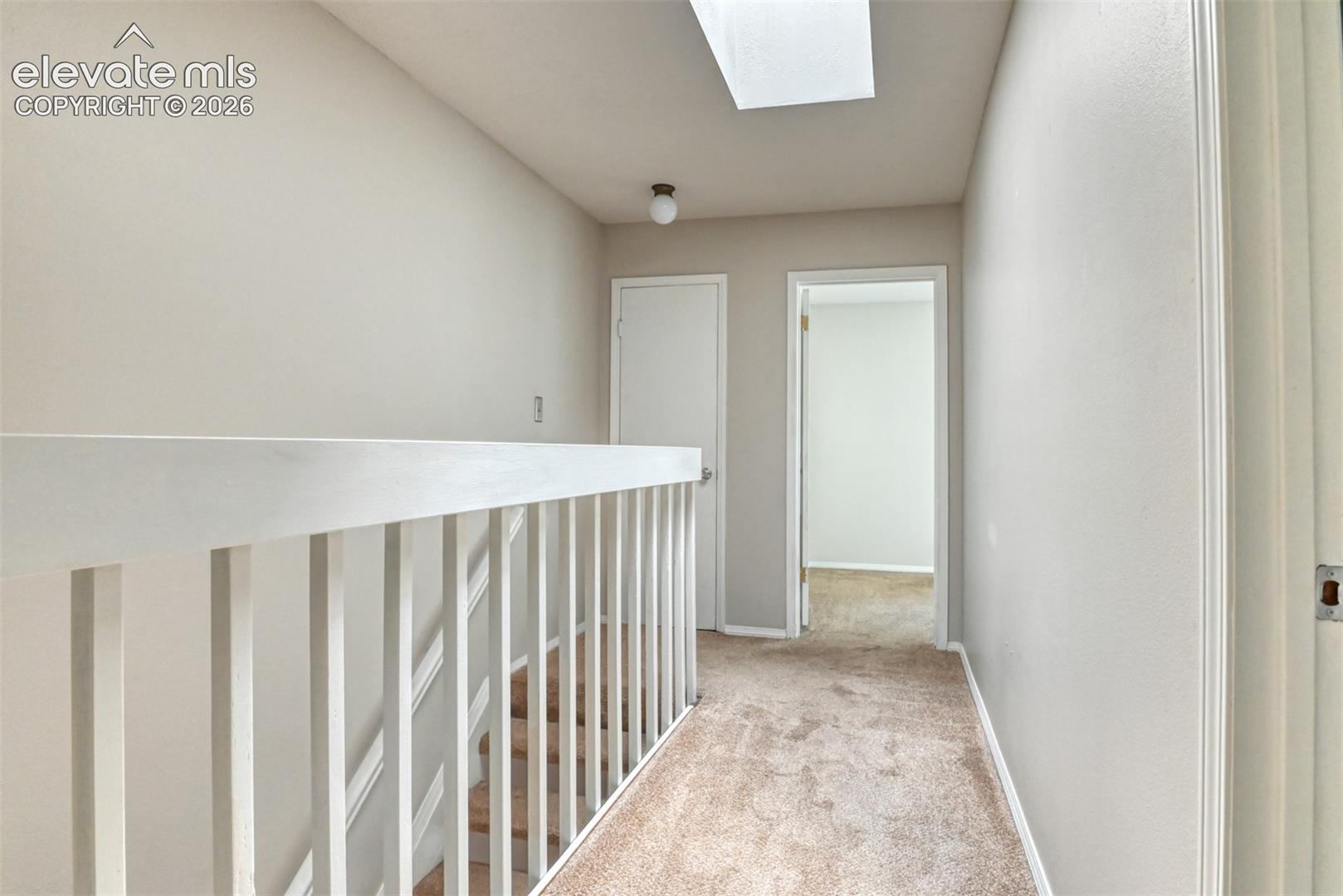 Skylight, neutral carpeting, white balustrade, and light wall finishes