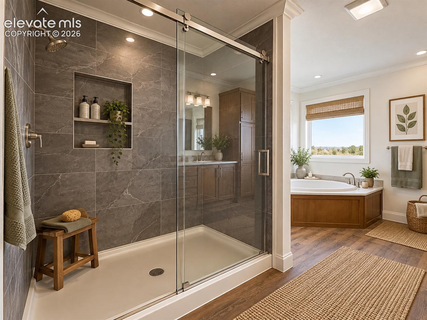 Primary Bathroom Shower – Alternate view highlights the generously sized tiled shower and its seamless connection to the bright primary bath and separate soaking tub.