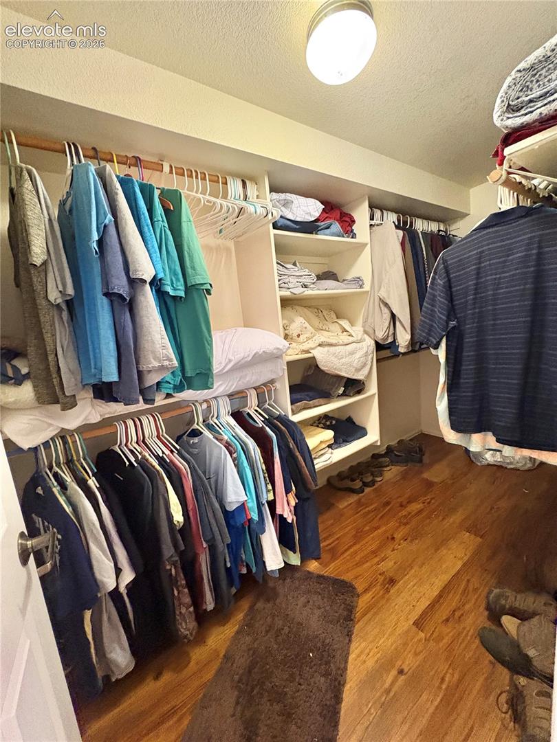 Recessed lighting fixture, wood-finish flooring, built-in shelving, and hanging rods