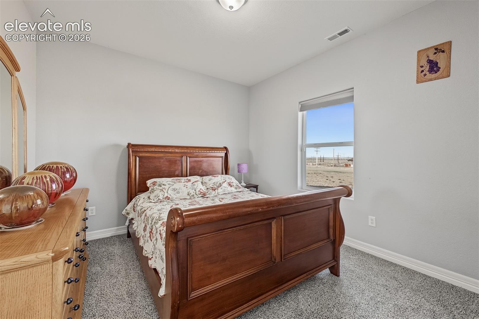 Guest bedroom with new carpet and lots of natural lighting.