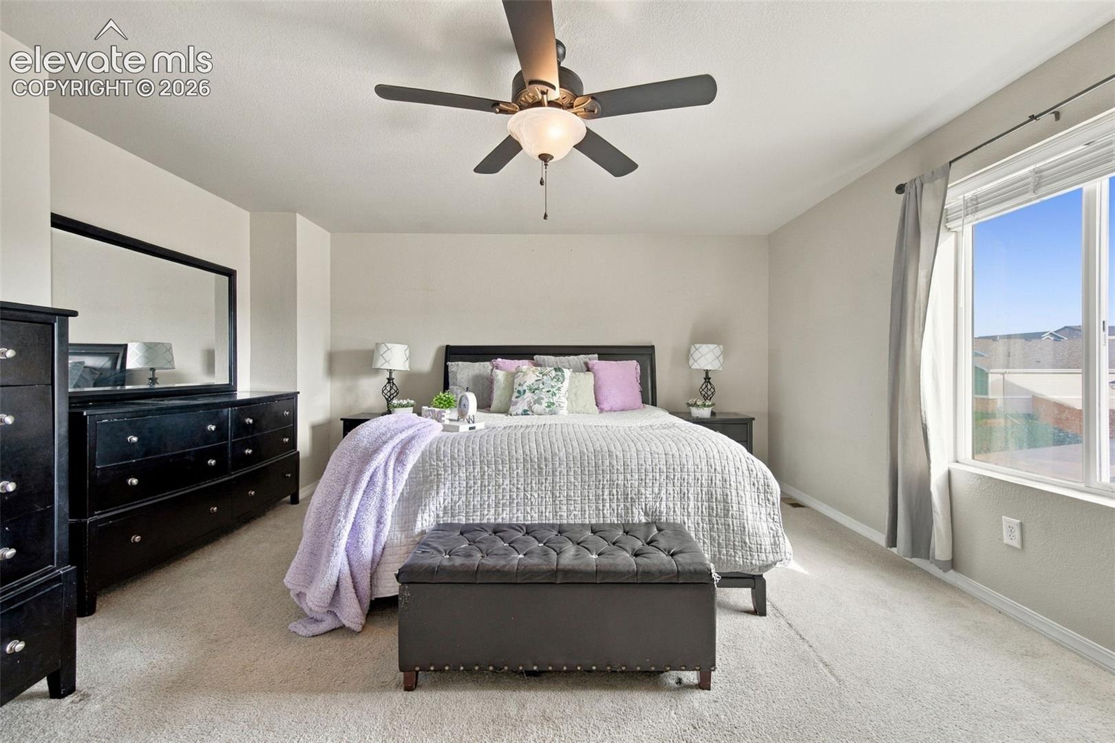 Neutral-toned carpeting, large window with natural light, and ceiling fan with integrated light fixture