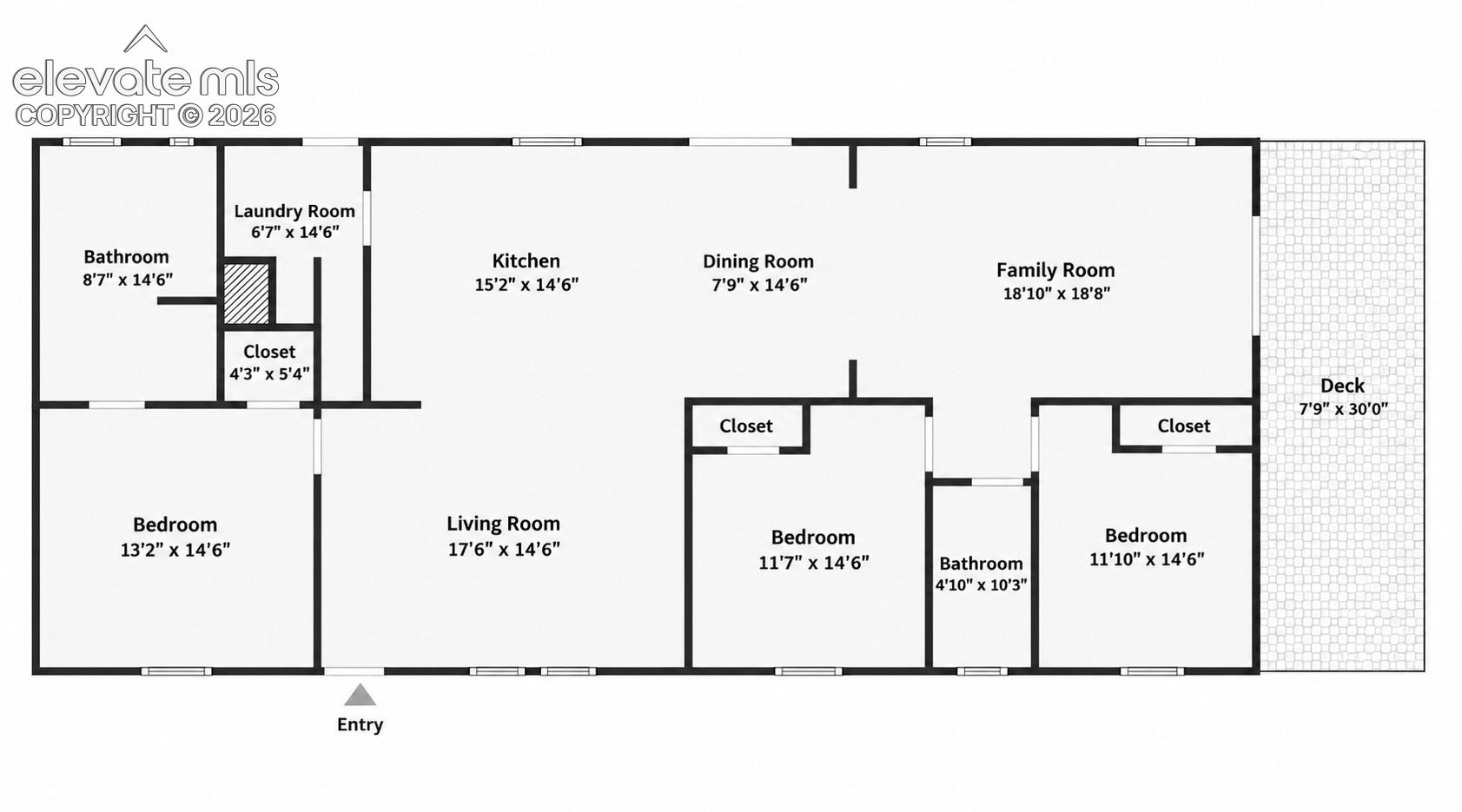 Floor Plan – Floor plan illustrates the home’s single-level layout, including three bedrooms, two bathrooms, kitchen, dining room, living room, family room, laundry area, closets, and an approximately 30-foot-long deck. The plan highlights the separation of sleeping areas from the spacious central living and gathering spaces.