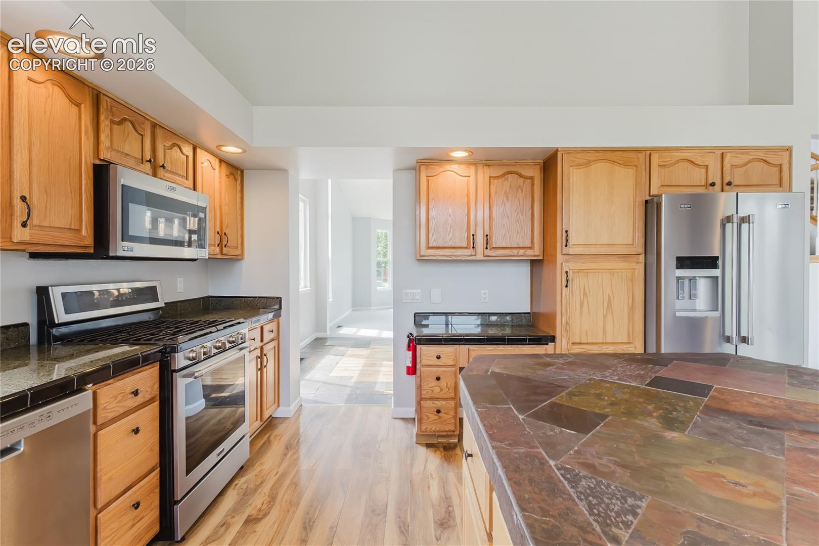 Kitchen featuring wood cabinetry, stainless steel appliances, recessed lighting, and wood-finish flooring
