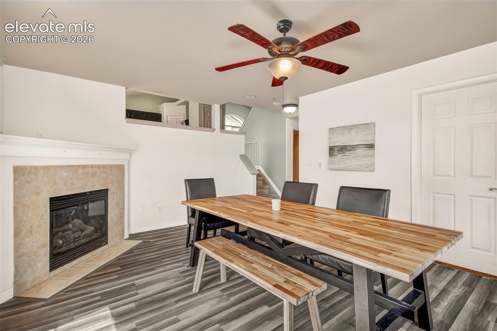 Family room in lower level with fireplace