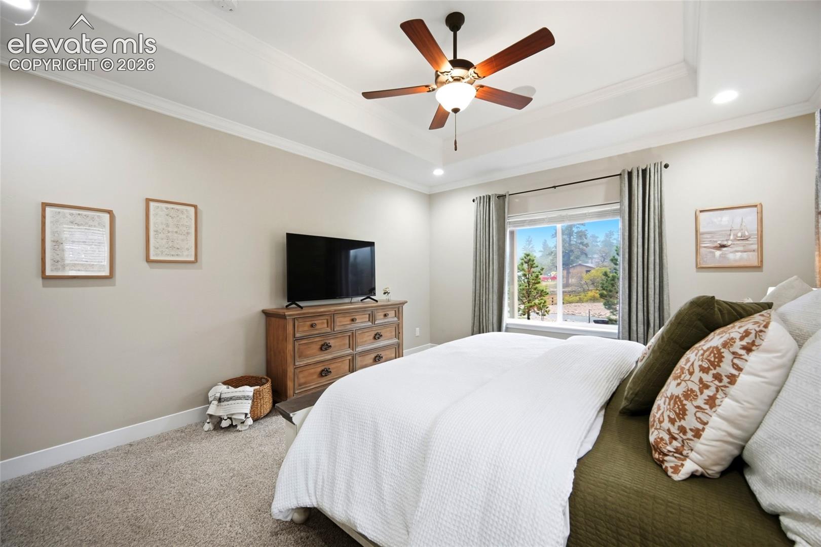 Tray ceiling, ceiling fan with integrated lighting, recessed lighting, and large window with exterior landscape exposure
