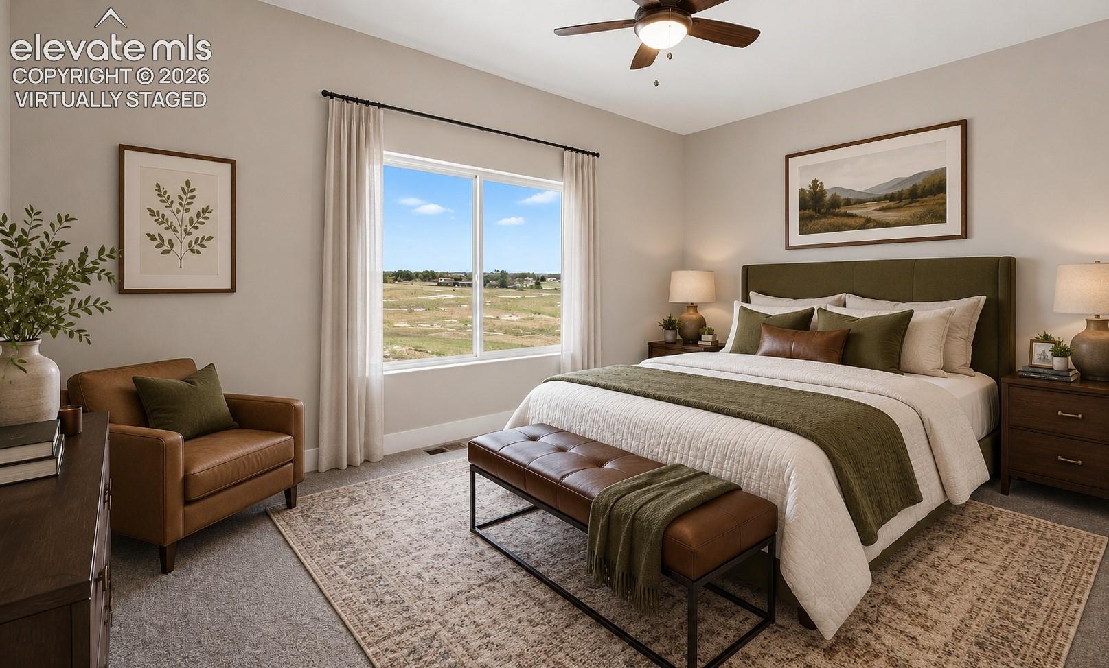 Virtually Staged Spacious bedroom featuring light neutral wall tones, a ceiling fan, and a large window offering expansive outdoor scenery